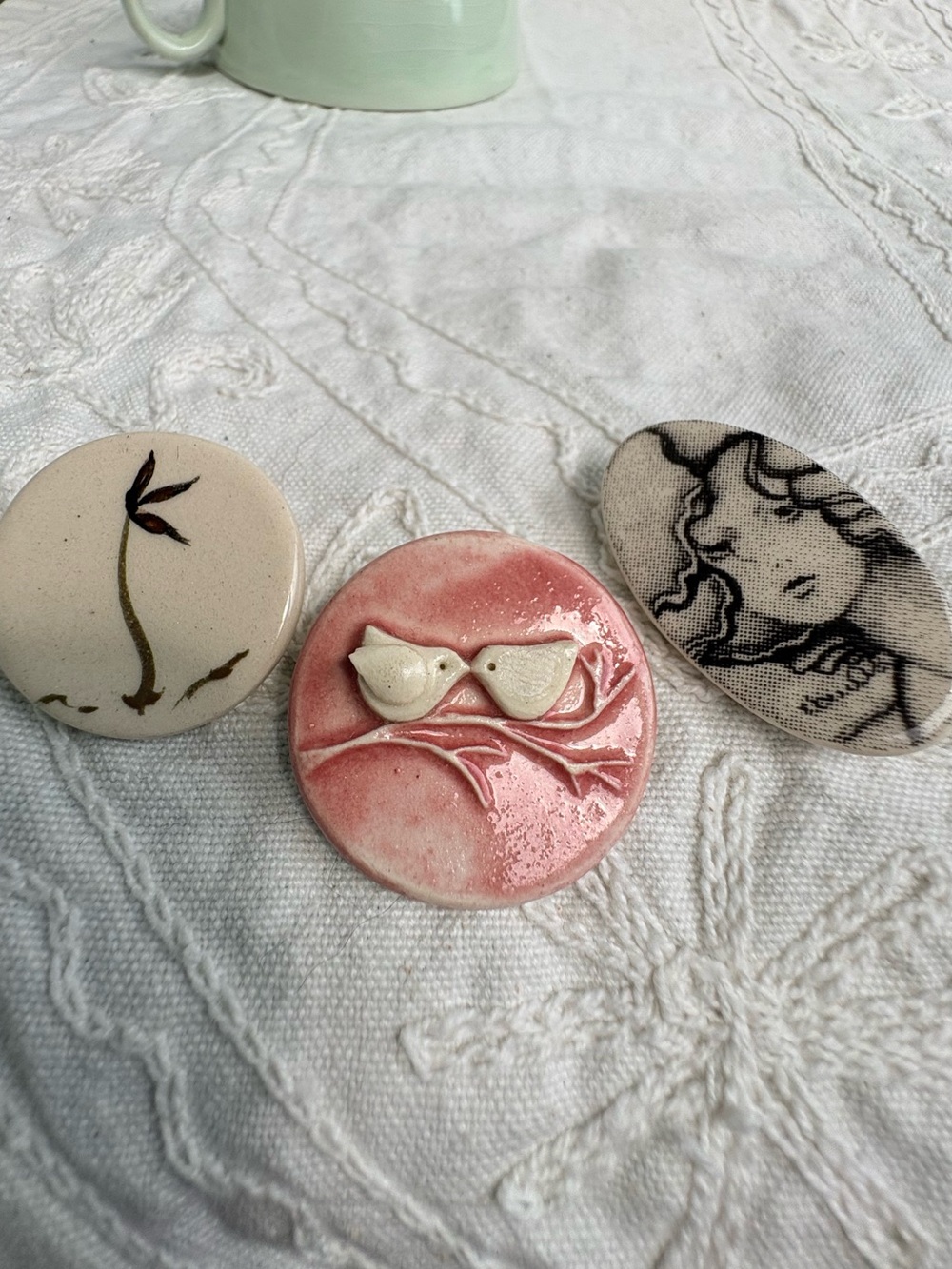 Set of Three Vintage Ceramic Artisan Brooches